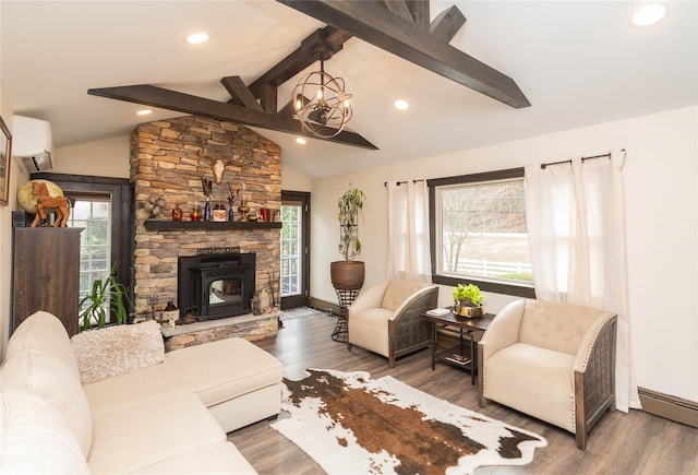 living room with lofted ceiling with beams, recessed lighting, wood finished floors, a wall mounted AC, and a baseboard radiator