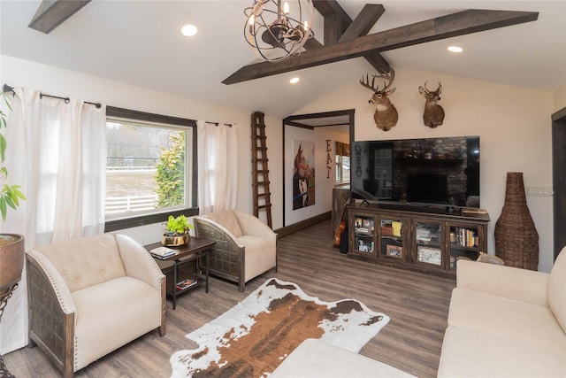 living room with recessed lighting, wood finished floors, and vaulted ceiling with beams