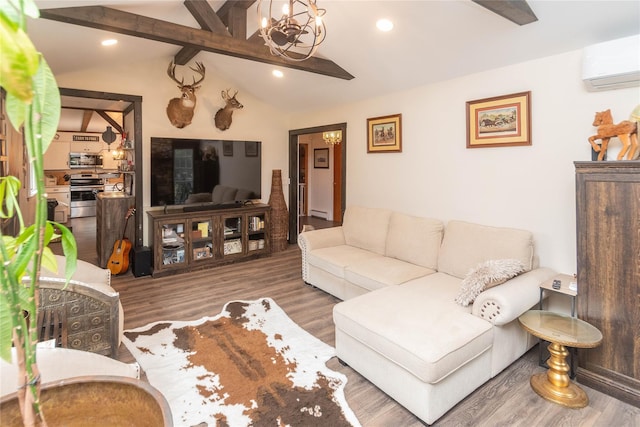 living area featuring lofted ceiling with beams, recessed lighting, wood finished floors, and a wall unit AC