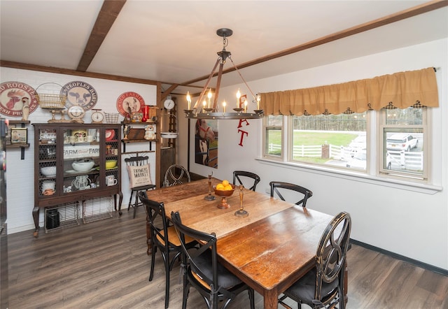 dining space with wood finished floors, beam ceiling, baseboards, and an inviting chandelier