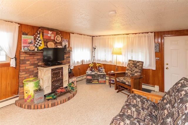 living room featuring a baseboard radiator and wood walls