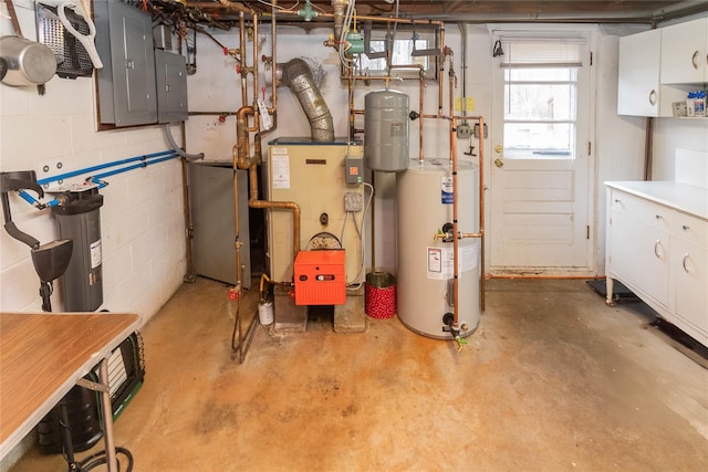 utilities with gas water heater, electric panel, and a heating unit