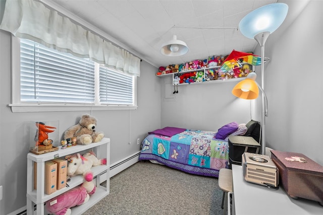 carpeted bedroom featuring a baseboard radiator