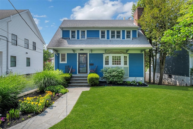 7 Senate Pl, Larchmont, NY 10538 - view of front of house featuring a porch, a front lawn, a chimney, and a shingled roof