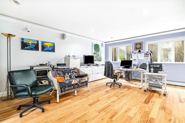 home office featuring a wealth of natural light, crown molding, and wood finished floors