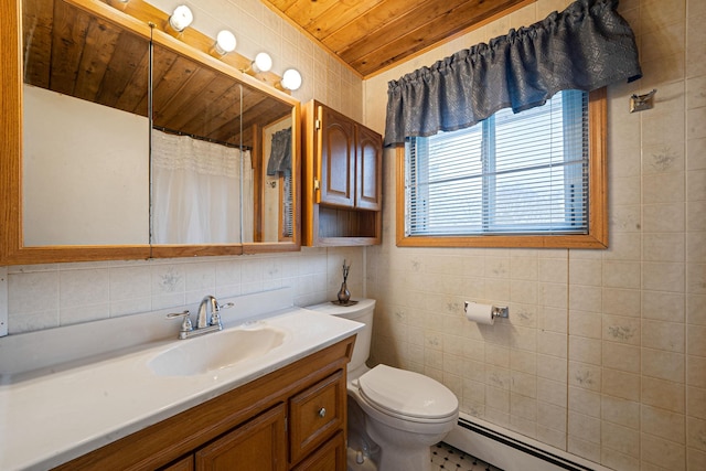 full bathroom with a baseboard radiator, vanity, curtained shower, wooden ceiling, and toilet