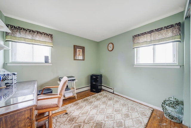 office space with a baseboard heating unit, baseboards, baseboard heating, and wood finished floors