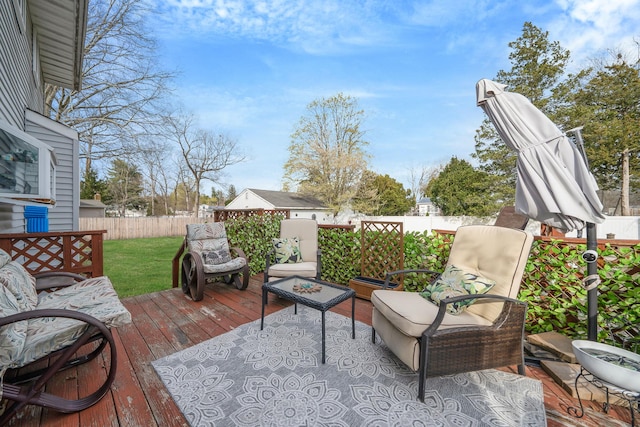 wooden deck with a fenced backyard