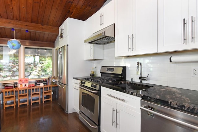 kitchen featuring a sink, stainless steel appliances, tasteful backsplash, under cabinet range hood, and wood ceiling
