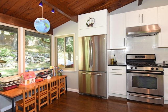 kitchen featuring under cabinet range hood, dark wood-type flooring, stainless steel appliances, tasteful backsplash, and vaulted ceiling with beams