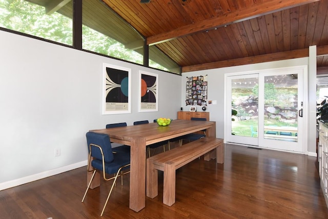 dining space with wooden ceiling, wood finished floors, baseboards, and vaulted ceiling with beams