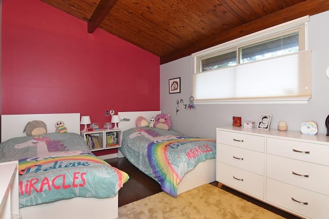 bedroom with lofted ceiling with beams and wooden ceiling