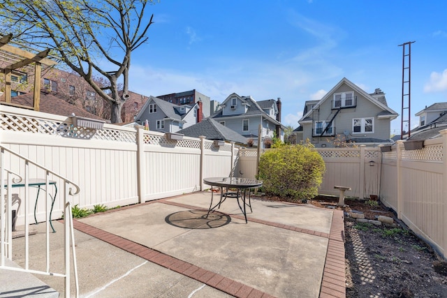 view of patio / terrace with a fenced backyard and a residential view