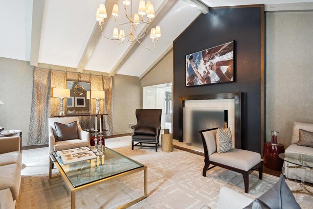 99 Wheatley Rd, Old Westbury, NY 11568 - living room featuring a chandelier, high vaulted ceiling, and beamed ceiling