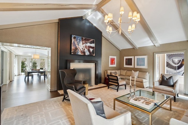 99 Wheatley Rd, Old Westbury, NY 11568 - living room featuring a chandelier, high vaulted ceiling, wood finished floors, and beamed ceiling