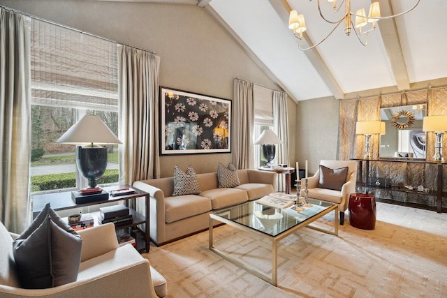 99 Wheatley Rd, Old Westbury, NY 11568 - living area featuring beam ceiling, a notable chandelier, and high vaulted ceiling