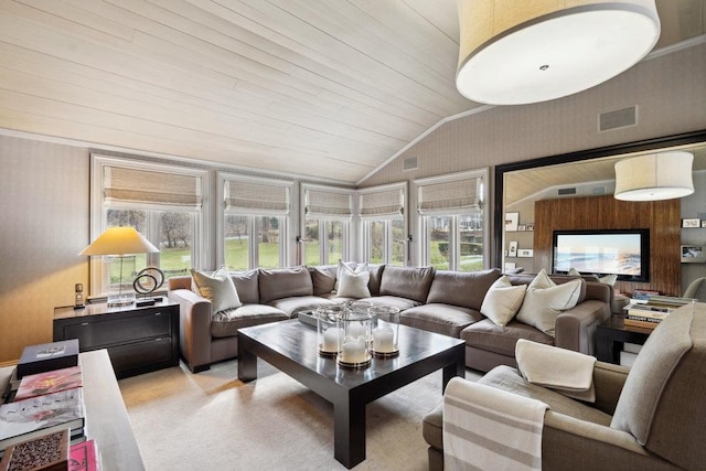 99 Wheatley Rd, Old Westbury, NY 11568 - living area with vaulted ceiling, wallpapered walls, and visible vents