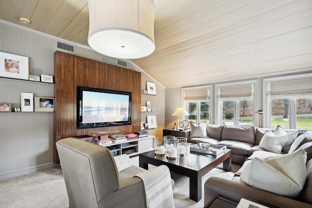 99 Wheatley Rd, Old Westbury, NY 11568 - living area featuring wooden ceiling, vaulted ceiling, carpet floors, and visible vents