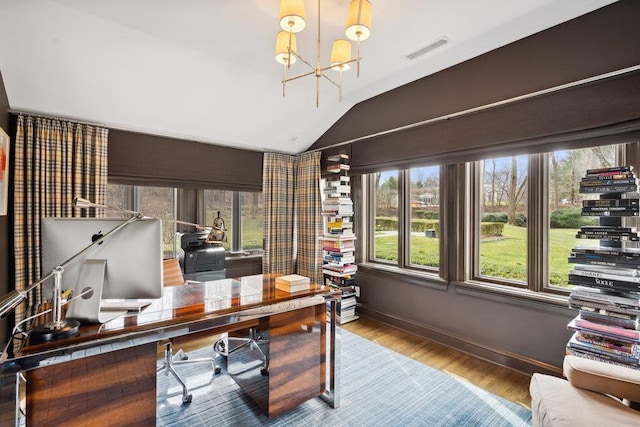 99 Wheatley Rd, Old Westbury, NY 11568 - home office with wood finished floors, a chandelier, baseboards, lofted ceiling, and visible vents