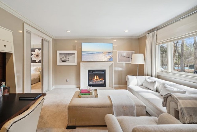 99 Wheatley Rd, Old Westbury, NY 11568 - living room with crown molding, a glass covered fireplace, light carpet, baseboards, and recessed lighting
