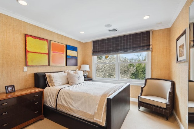 99 Wheatley Rd, Old Westbury, NY 11568 - bedroom with recessed lighting, wallpapered walls, crown molding, and baseboards
