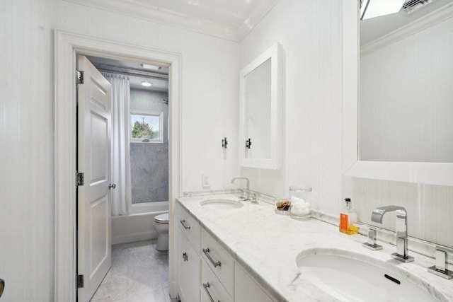 99 Wheatley Rd, Old Westbury, NY 11568 - full bathroom featuring toilet, a sink, double vanity, and crown molding