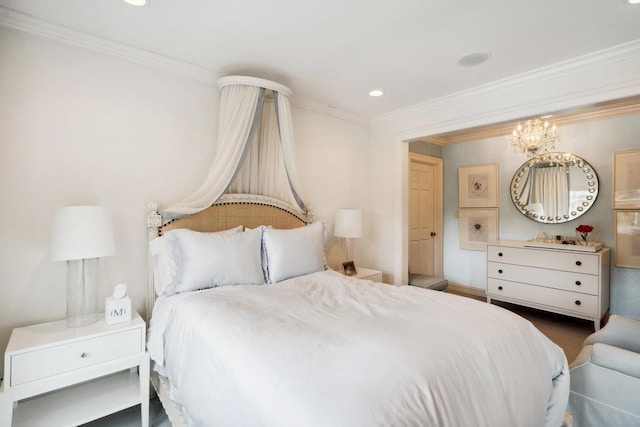 99 Wheatley Rd, Old Westbury, NY 11568 - bedroom featuring recessed lighting, crown molding, and a notable chandelier