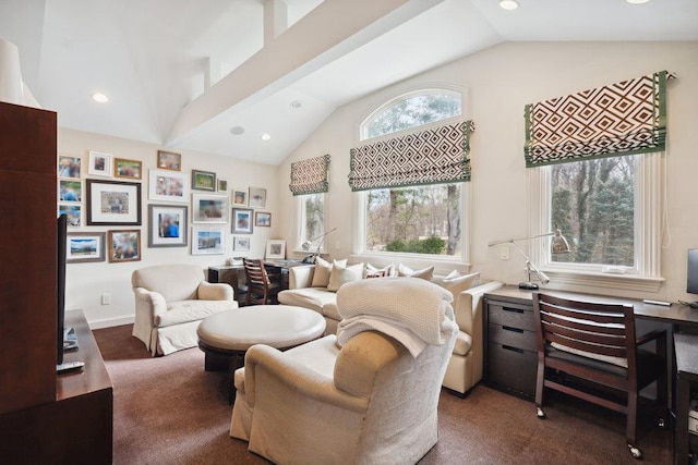 99 Wheatley Rd, Old Westbury, NY 11568 - carpeted living room featuring recessed lighting and high vaulted ceiling