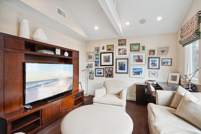 99 Wheatley Rd, Old Westbury, NY 11568 - living room with dark colored carpet, vaulted ceiling, baseboards, visible vents, and recessed lighting
