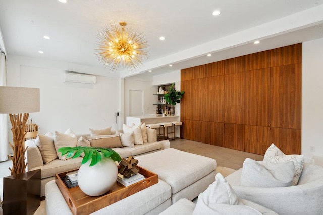 99 Wheatley Rd, Old Westbury, NY 11568 - living room featuring an AC wall unit, recessed lighting, and a chandelier