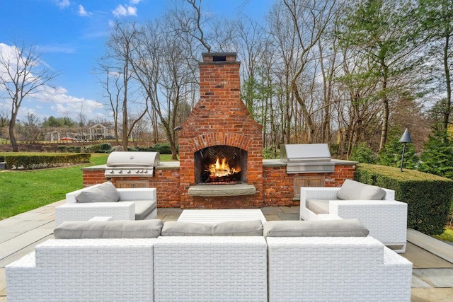 99 Wheatley Rd, Old Westbury, NY 11568 - view of patio / terrace featuring a grill, an outdoor living space with a fireplace, and exterior kitchen