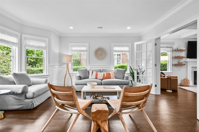 living room with a fireplace, dark wood finished floors, wainscoting, ornamental molding, and recessed lighting