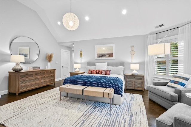 bedroom with recessed lighting, dark wood finished floors, visible vents, and high vaulted ceiling