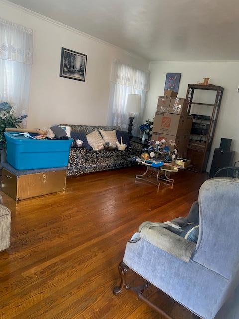 living room featuring ornamental molding and wood finished floors