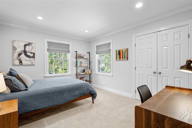 bedroom with recessed lighting, baseboards, light carpet, and ornamental molding
