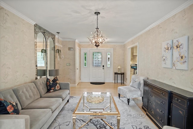 24 Akron Pl, Shoreham, NY 11786 - living area featuring light wood-style flooring, a chandelier, and crown molding