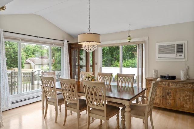 24 Akron Pl, Shoreham, NY 11786 - dining space with a wall mounted air conditioner, a baseboard heating unit, lofted ceiling, light wood-style flooring, and a chandelier