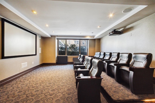 cinema with baseboards, recessed lighting, carpet, and visible vents