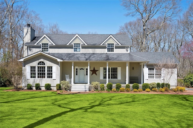 view of front facade with a front yard, roof with shingles, a chimney, and covered porch