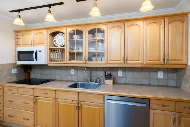 kitchen with tasteful backsplash, stainless steel dishwasher, a sink, white microwave, and ornamental molding