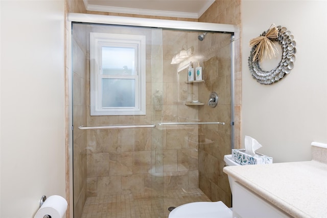 full bathroom featuring crown molding, vanity, toilet, and a shower stall