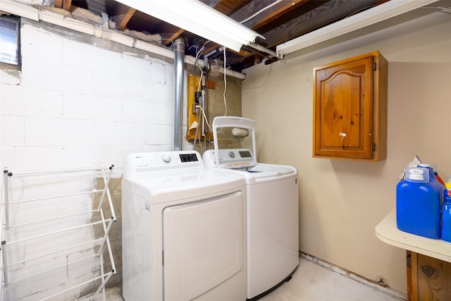 laundry area with laundry area, washer and dryer, and concrete block wall