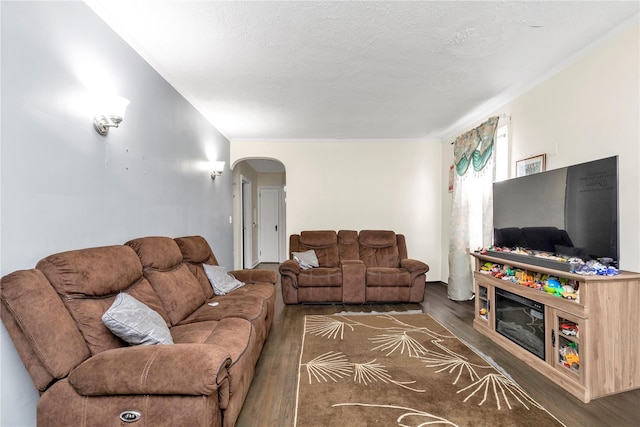living area featuring a textured ceiling, wood finished floors, and arched walkways