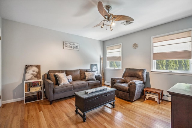 living area with baseboard heating, light wood-style floors, a ceiling fan, baseboards, and visible vents