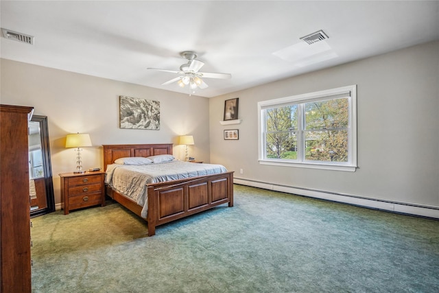 bedroom featuring carpet, baseboard heating, and visible vents