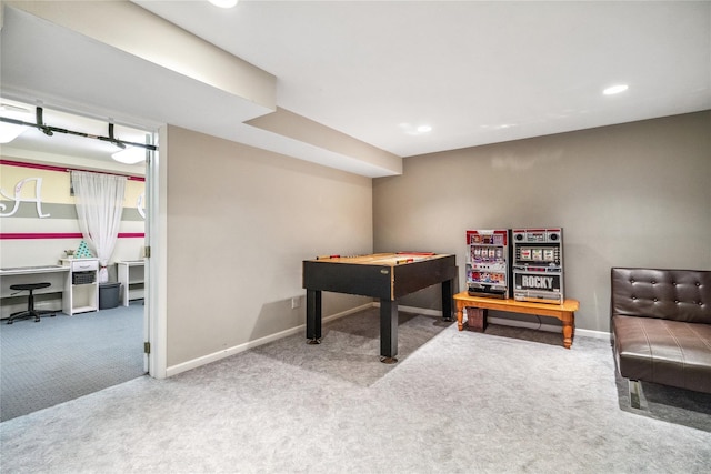 playroom with baseboards, recessed lighting, and carpet