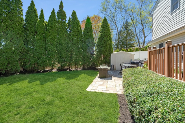 view of yard featuring a patio, an outbuilding, and a storage shed