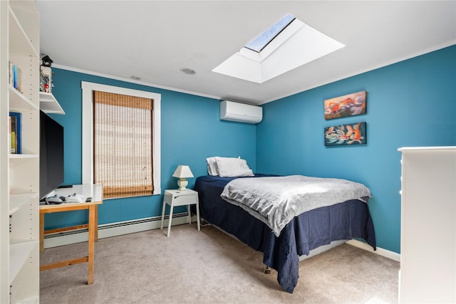 carpeted bedroom with baseboard heating, baseboards, ornamental molding, an AC wall unit, and a skylight