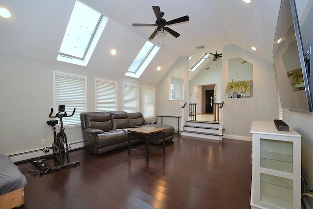20 Richmond Blvd, Lake Grove, NY 11755 - living room featuring a skylight, vaulted ceiling, wood finished floors, ceiling fan, and recessed lighting