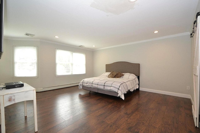 20 Richmond Blvd, Lake Grove, NY 11755 - bedroom with baseboard heating, wood finished floors, ornamental molding, and recessed lighting